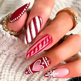 Christmas Nails Press on Snowflake Red Designs Almond Fake Nails Long Coffin Detachable False Nail for Women New Year Party
