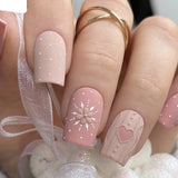 French Style Fake Nails Christmas Theme Press On Nails Snowflake Pink Heart Full Cover Artificial False Nails For Festival Party LANFUBEISI