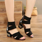 LANFUBEISI Summer Ethnic Style Embroidered Mid-heel Sandals Women  All-match Thick Heel Elegant Retro Open Toe Embroidered Shoes Women