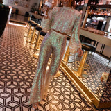 Women Flare Pants 2 Piece Suit Sexy Fashion Sequin Club Party Set Elegant Lantern Sleeve Tops Pullover + High Waist Pant Outfits LANFUBEISI
