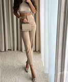 LANFUBEISI Women Fashion With Pockets Casual Basic Solid Pants Vintage High Waist Zipper Fly Female Ankle Trousers Pantalones Mujer