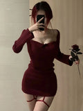 Long Sleeved Sexy Dress Red Christmas Women's Bodycon Hip Wrap Dresses Skinny And Stretchy Square Neck Spice Girls Mini Dress LANFUBEISI