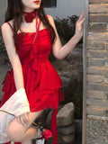 Summer Vintage Red Dress Women Sexy Sleeveless Backless Spaghetti Strap Dress Female Elegant Hotsweet Ruffles Y2k Mini Dresses LANFUBEISI