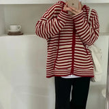 Autumn Winter Red Stripes Hooded Knit Cardigan Woman Korean Fashion Loose Casual Sweater Zipper Coat Oversized Long Sleeve Top LANFUBEISI