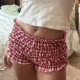 LANFUBEISI 90s Vintage Cottage Plaid Shorts Elastic Slim Fit Bloomers Pants Women Kawaii Loungewear Fairy Retro Y2K Cute Knickers Bottom