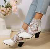 2023 New Fashion Women High Heels Lace Flower Ankle Strap Hollow Out Sandals Round Toe Zip Pumps Zapatos De Mujer LANFUBEISI