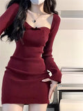 Long Sleeved Sexy Dress Red Christmas Women's Bodycon Hip Wrap Dresses Skinny And Stretchy Square Neck Spice Girls Mini Dress LANFUBEISI