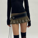 Punk Style Eyelet Sexy Micro Skirts Cyber Gothic Y2k Low Waist Mini Skirt Pleated Streetwear Bottoms With Lace Up Belt LANFUBEISI
