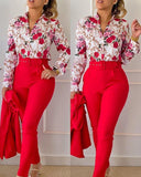 Elegant Long Sleeve Shirt Pants Set Office Lady Fashion Casual V Neck Floral Print Trousers Two Piece Set Women Outfit 2023 LANFUBEISI