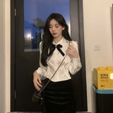 White Shirts Woman Kawaii Lace Lolita Blouses Sweet Tunics Fairycore Peter Pan Coller Crop Long Sleeve Tops Preppy Korean LANFUBEISI