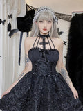 Mall Gothic Emo Jacquard A-line Dresses Elegant Grunge Ruched Bandage Partywear Punk Black Women Halloween Club Dress LANFUBEISI
