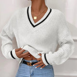 Casual Loose Knitted Sweater for Women Autumn Stripe V-Neck Sweater Winter Solid Soft Office Lady Pullover Fashion Jumper LANFUBEISI