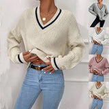 Casual Loose Knitted Sweater for Women Autumn Stripe V-Neck Sweater Winter Solid Soft Office Lady Pullover Fashion Jumper LANFUBEISI