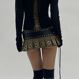 Punk Style Eyelet Sexy Micro Skirts Cyber Gothic Y2k Low Waist Mini Skirt Pleated Streetwear Bottoms With Lace Up Belt LANFUBEISI
