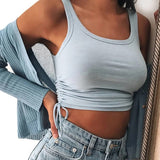 Ruched Sleeveless Tank Tops Tees Women Solid Casual Fashion Crop Top Ladies High Street Tie Up Croptop Summer Fitness LANFUBEISI