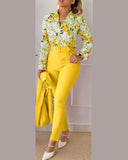 Elegant Long Sleeve Shirt Pants Set Office Lady Fashion Casual V Neck Floral Print Trousers Two Piece Set Women Outfit 2023 LANFUBEISI