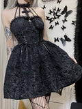 Mall Gothic Emo Jacquard A-line Dresses Elegant Grunge Ruched Bandage Partywear Punk Black Women Halloween Club Dress LANFUBEISI
