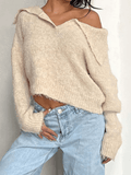 LANFUBEISI - Cropped Collared Fuzzy Knit Sweater