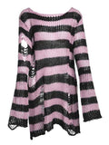 LANFUBEISI - Distressed Stripe Longline Sweater LANFUBEISI