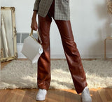 LANFUBEISI Vintage High Waist Button Pocket Straight Loose Legs Women's Trousers Autumn PU Faux Leather Elegant Female Pants