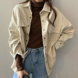LANFUBEISI Spring New Women Solid Corduroy Shirts Jackets Full Sleeve Turn-Down Collar Oversize Coats Casual Autumn Basic Outwear