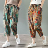 LANFUBEISI Summer Fashion Printed Cotton Linen Harem Pants For Women Casual High Waist Calf-Length Loose Trousers Female Streetwear