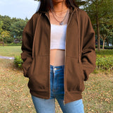 LANFUBEISI Brown Zip Up Hooded Sweatshirts Women 2021 Vintage Pockets Oversized Jacket Coat Autumn Female Y2K Aesthetic Long Sleeve Hoodie LANFUBEISI