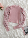 LANFUBEISI Retro Pink Plald Patchwork Shirts Women Tops Fall Korean Style Casual Loose Ruffled Long Sleeve Femme Shirts Fasion Design Shirt LANFUBEISI