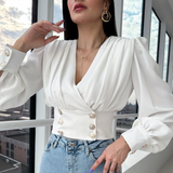 Elegant Solid Women Blouse Shirts Vintage Retro Peplum White V Neck Female Blouses Puff Casual Blusa Mujer Lanfubeisi