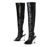 LANFUBEISI Spring Autumn Sexy Zip Metal Thin Heels Open Toe Leather Thigh High Over The Knee Boots Ladies Party Club Stripper Shoes Women LANFUBEISI