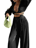 Green Pleated 2Pieces Pants Suits Women Sets Solid Flare Long Sleeve Bandage Crop Tops+Wide Leg Loose Long Pants Outfits LANFUBEISI