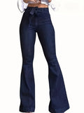 Navy Blue Flared Jeans Autumn, High-Stretch With Waistband Bell Bottom Wide Legs Denim Pants, Women's Denim Jeans & Clothing LANFUBEISI