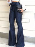 Navy Blue Flared Jeans Autumn, High-Stretch With Waistband Bell Bottom Wide Legs Denim Pants, Women's Denim Jeans & Clothing LANFUBEISI