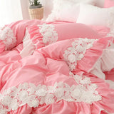 LANFUBEISI Lace Flowers Embroidery Bedding Set Cotton Pink Princess Duvet Cover Bedspread Bed Skirt Pillowcases Solid Color Home Textile LANFUBEISI