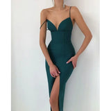 Elegant High Slit Midi Bodycon Dress Women Sexy Spaghetti Straps Corset Dress Gown Club Party Vestidos Backless Clothes LANFUBEISI