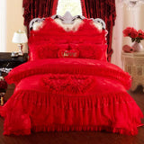 LANFUBEISI Red Pink Luxury Lace Wedding Bedding Set King Queen Size Princess Bed Set Jacquard Embroidery Duvet Cover Bedspread Bed Sheet LANFUBEISI