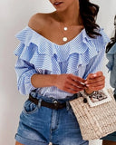 New Blue Striped Ruffles Collar Blouse for Women Summer Tops Office Lady Half Sleeve V-Neck Shirts Elegant Women Blouse LANFUBEISI