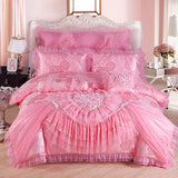 LANFUBEISI Red Pink Luxury Lace Wedding Bedding Set King Queen Size Princess Bed Set Jacquard Embroidery Duvet Cover Bedspread Bed Sheet LANFUBEISI