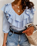 New Blue Striped Ruffles Collar Blouse for Women Summer Tops Office Lady Half Sleeve V-Neck Shirts Elegant Women Blouse LANFUBEISI