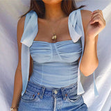 LANFUBEISI Ribbon Lace Up Camisole Women Vest Chic Summer New Sleeveless Square Collar Sling Crop Top Solid Color Lady Backless Camis