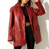 PU Faux Leather Blazers Jackets Vintage Classic Solid Lapel Loose Coats Women Outerwear Fall Winter Female Leather Suits LANFUBEISI