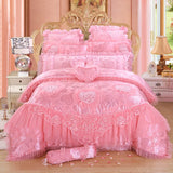 LANFUBEISI Red Pink Luxury Lace Wedding Bedding Set King Queen Size Princess Bed Set Jacquard Embroidery Duvet Cover Bedspread Bed Sheet LANFUBEISI