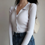 LANFUBEISI Ladies Buttons Sexy V Neck Long Sleeve POLO Neck Knit Cardigan Sweater Women Lapel Slim Tops