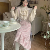 Winter sweet Lolita pink Plaid Strap Dress women Japanese Kawaii Bow Slim Party dresses Female Korean Fashion y2k birthday Dress LANFUBEISI