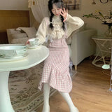 Winter sweet Lolita pink Plaid Strap Dress women Japanese Kawaii Bow Slim Party dresses Female Korean Fashion y2k birthday Dress LANFUBEISI