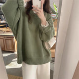 fall wardrobe capsule Green Japanese Retro round Neck Knitted Sweater Women's Autumn and Winter New Top Gentle Lazy Style Loose Sweater