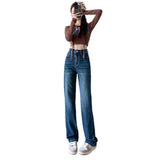 Autumn Straight Pants Jeans Women's Elastic High Waist Slimming Washed Light Blue Pipe Pants Slim Fit