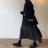 Lanfubeisi midi skirt outfit fall French Retro Chiffon Floral Skirt Black Skirt Women's Spring and Summer Mid-Length Drape Slimming Long Skirt