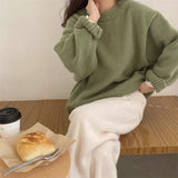 fall wardrobe capsule Green Japanese Retro round Neck Knitted Sweater Women's Autumn and Winter New Top Gentle Lazy Style Loose Sweater