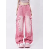 Lanfubeisi going out outfits High Street Niche Cute Pink Straight Jeans Women's Spring and Summer High Waist Slimming Draping Loose Wide Leg Pants